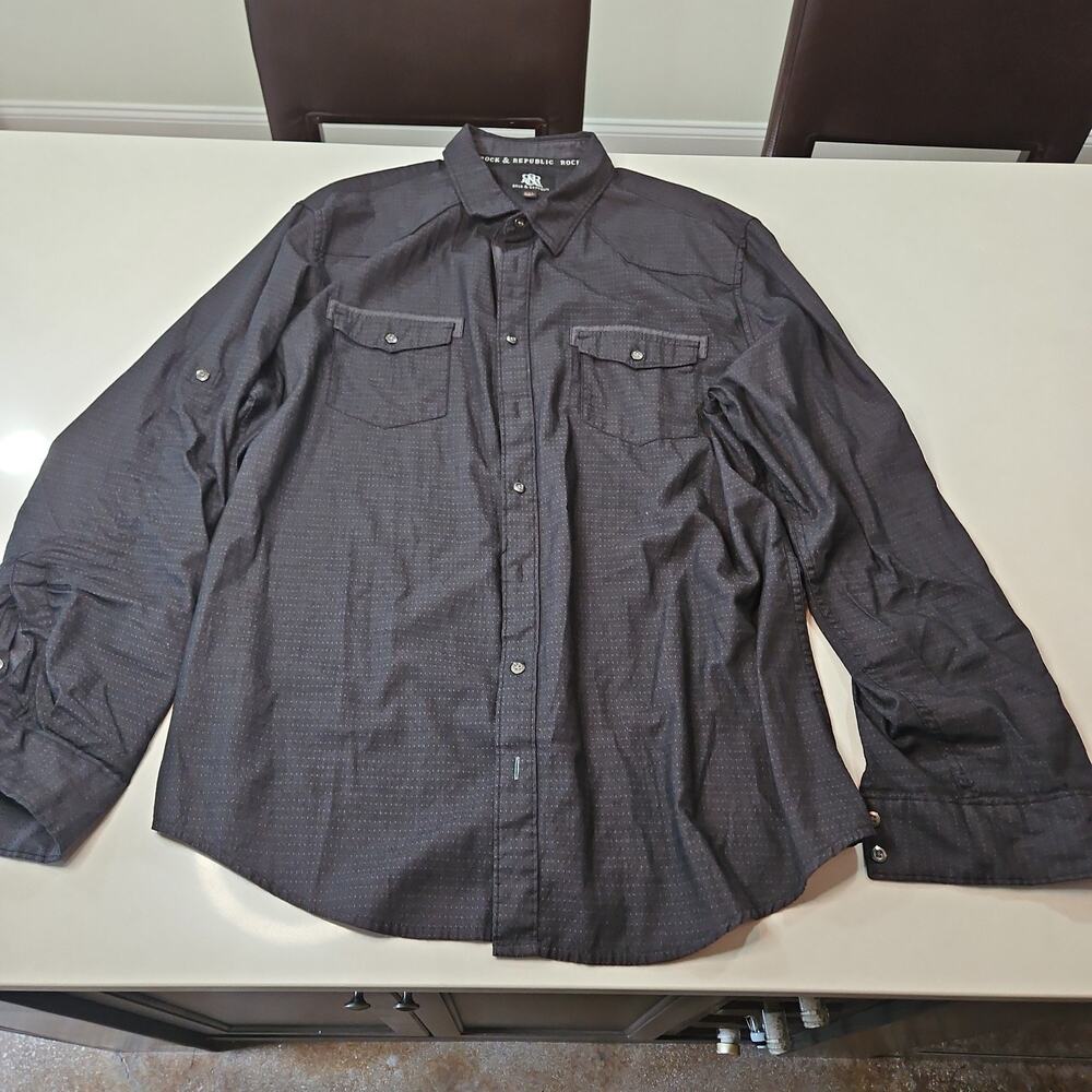 Rock & Republic Men's Cotton Roll Tab Button Down Shirt Gray XXL